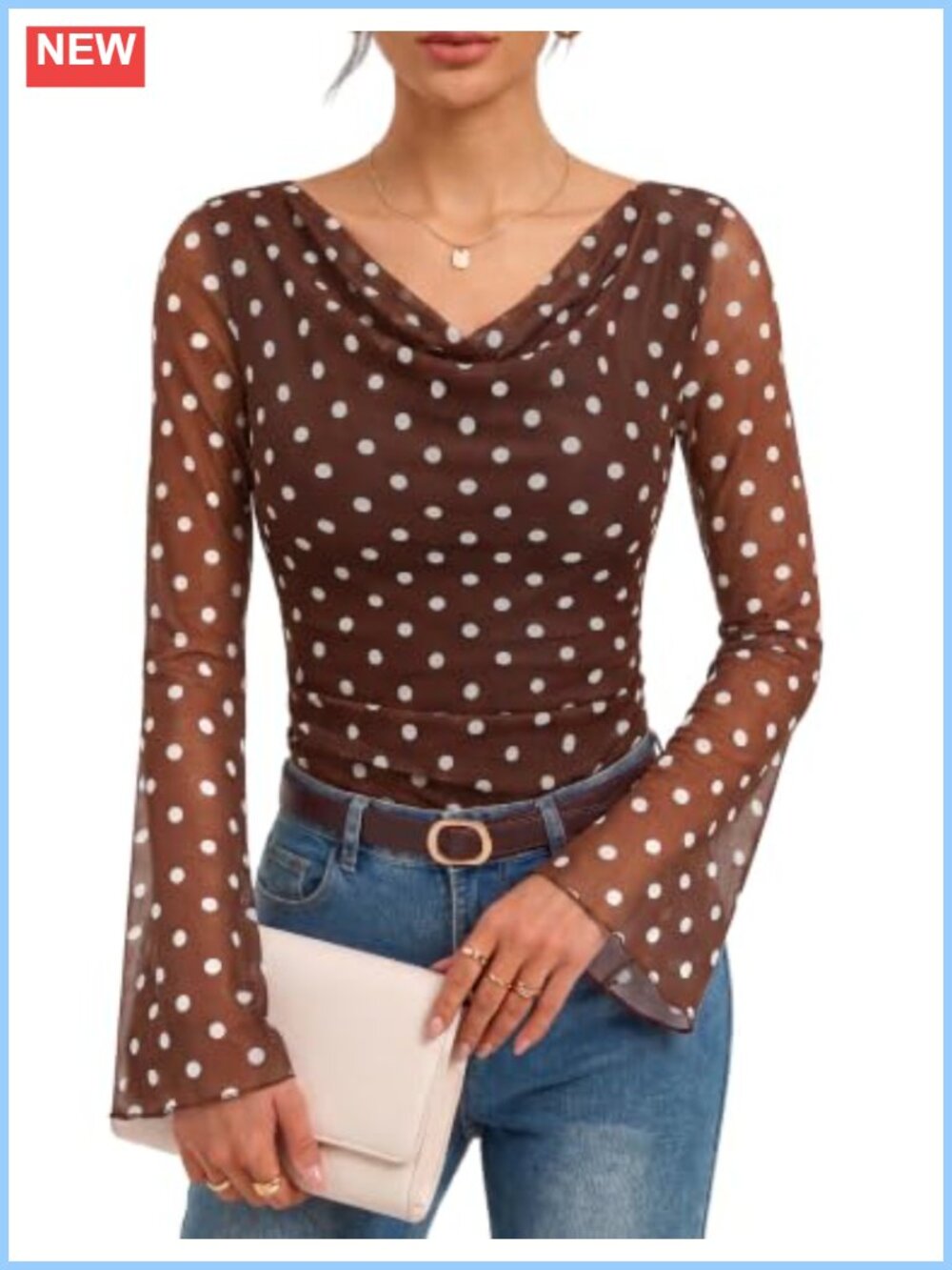 Women's Boho Mesh Blouse Cowl Neck Bell Sleeve Dressy Casual Top